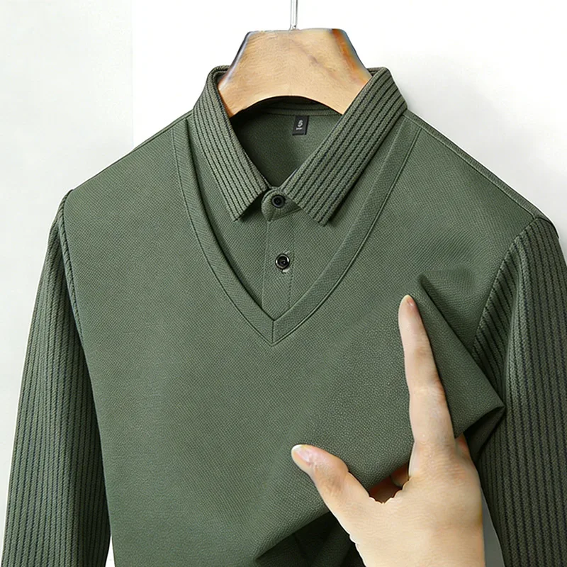 Mens Fashion Casual Outfits - 남성용 페이크 투피스 셔츠 칼라 V넥