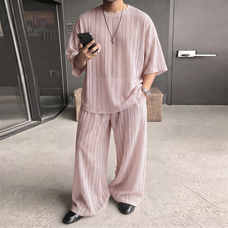 Men'S Fashion Undershirt - INCERUN 남성 세트 스트라이프 시스루 반팔