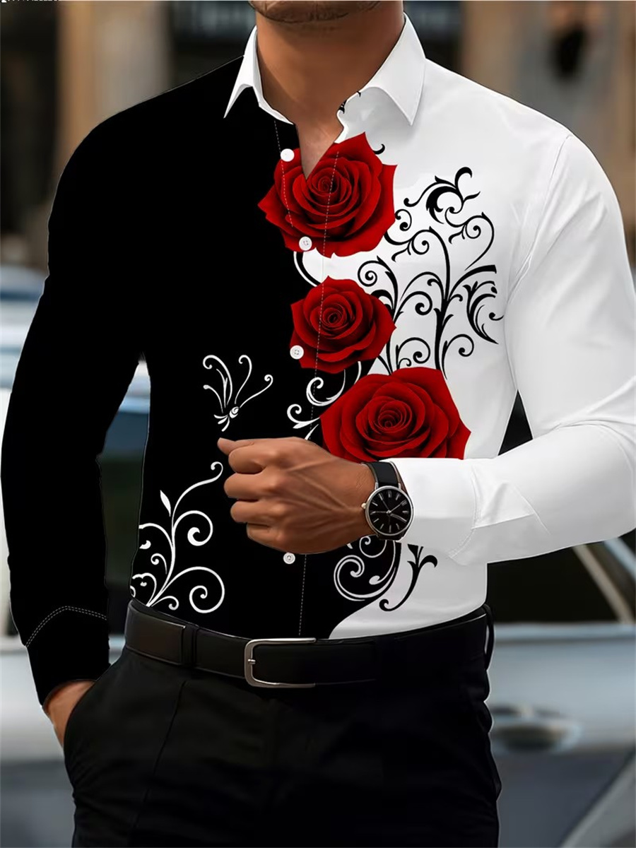 Mens Fashion Casual Outfits - 남성용 레드 로즈 프린트 긴팔 셔츠,