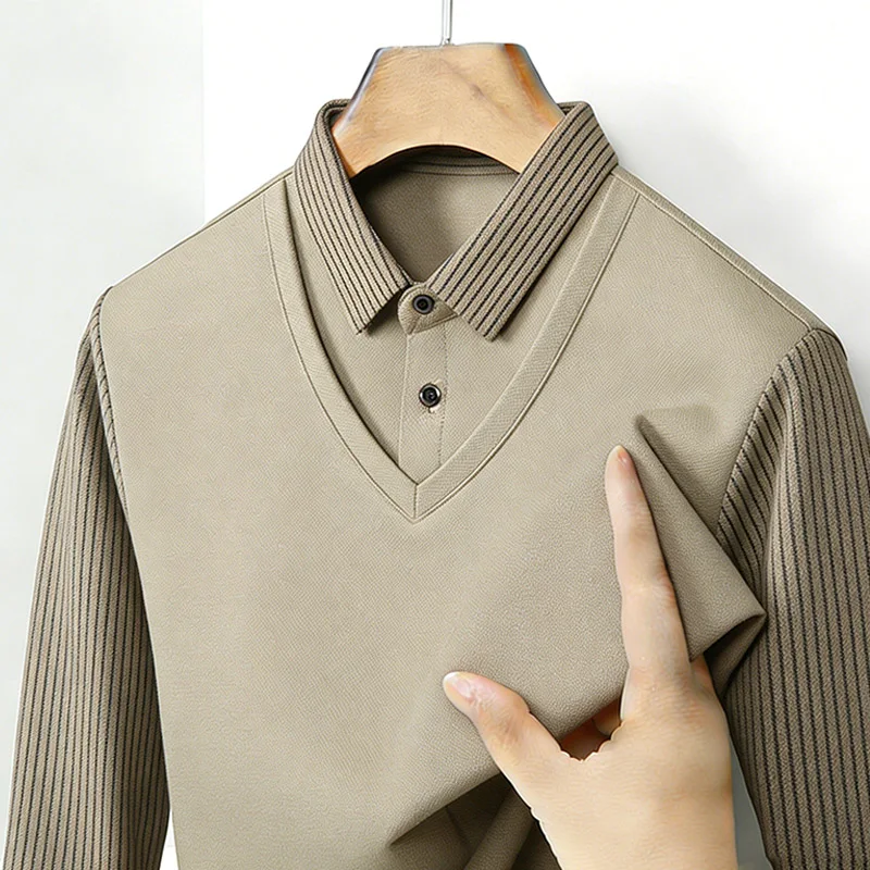 남성용 페이크 투피스 셔츠 칼라 V넥 긴팔 탑 카키 스 - Mens Fashion Casual Outfits 리뷰 및 가격
