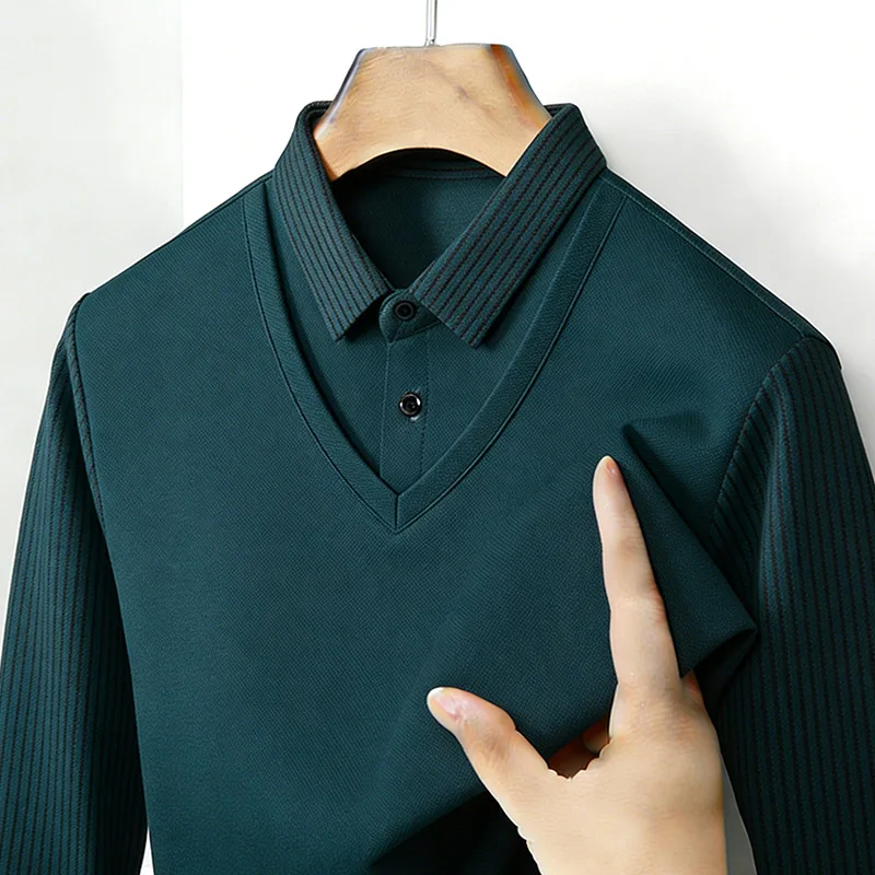 남성용 페이크 투피스 셔츠 칼라 V넥 긴팔 탑 카키 스 - Mens Fashion Casual Outfits 리뷰 및 가격