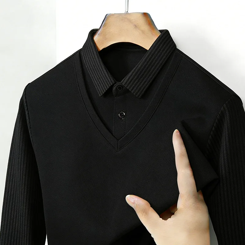 남성용 페이크 투피스 셔츠 칼라 V넥 긴팔 탑 카키 스 - Mens Fashion Casual Outfits 리뷰 및 가격
