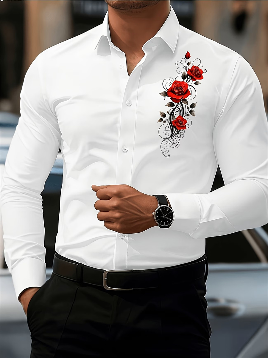 남성용 레드 로즈 프린트 긴팔 셔츠, 패셔너블하고 캐주 - Mens Fashion Casual Outfits 리뷰 및 가격