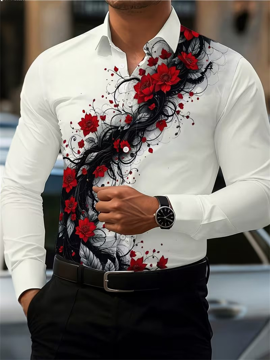 남성용 레드 로즈 프린트 긴팔 셔츠, 패셔너블하고 캐주 - Mens Fashion Casual Outfits 리뷰 및 가격