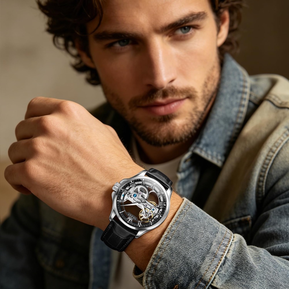 남성용 오토매틱 스켈레톤 시계 - 기계식 자동 와인딩, - Mens Fashion Style Images 리뷰 및 가격
