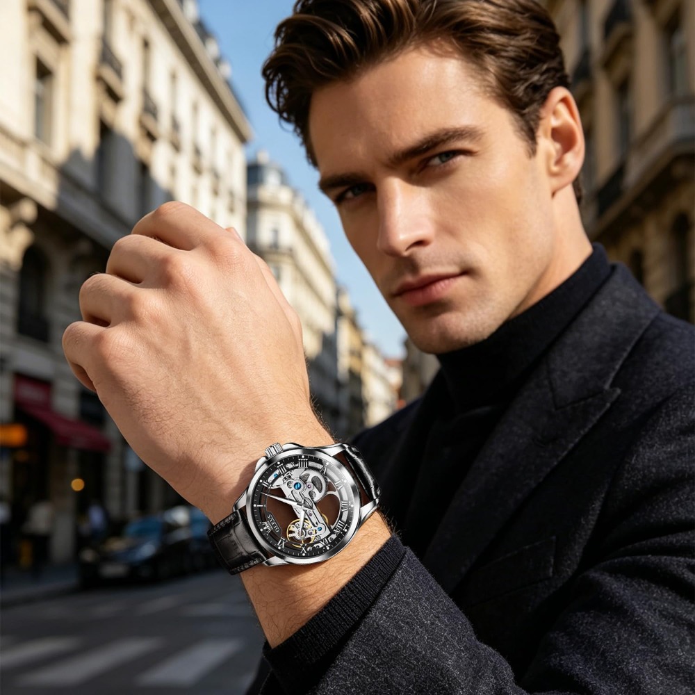 남성용 오토매틱 스켈레톤 시계 - 기계식 자동 와인딩, - Mens Fashion Style Images 리뷰 및 가격